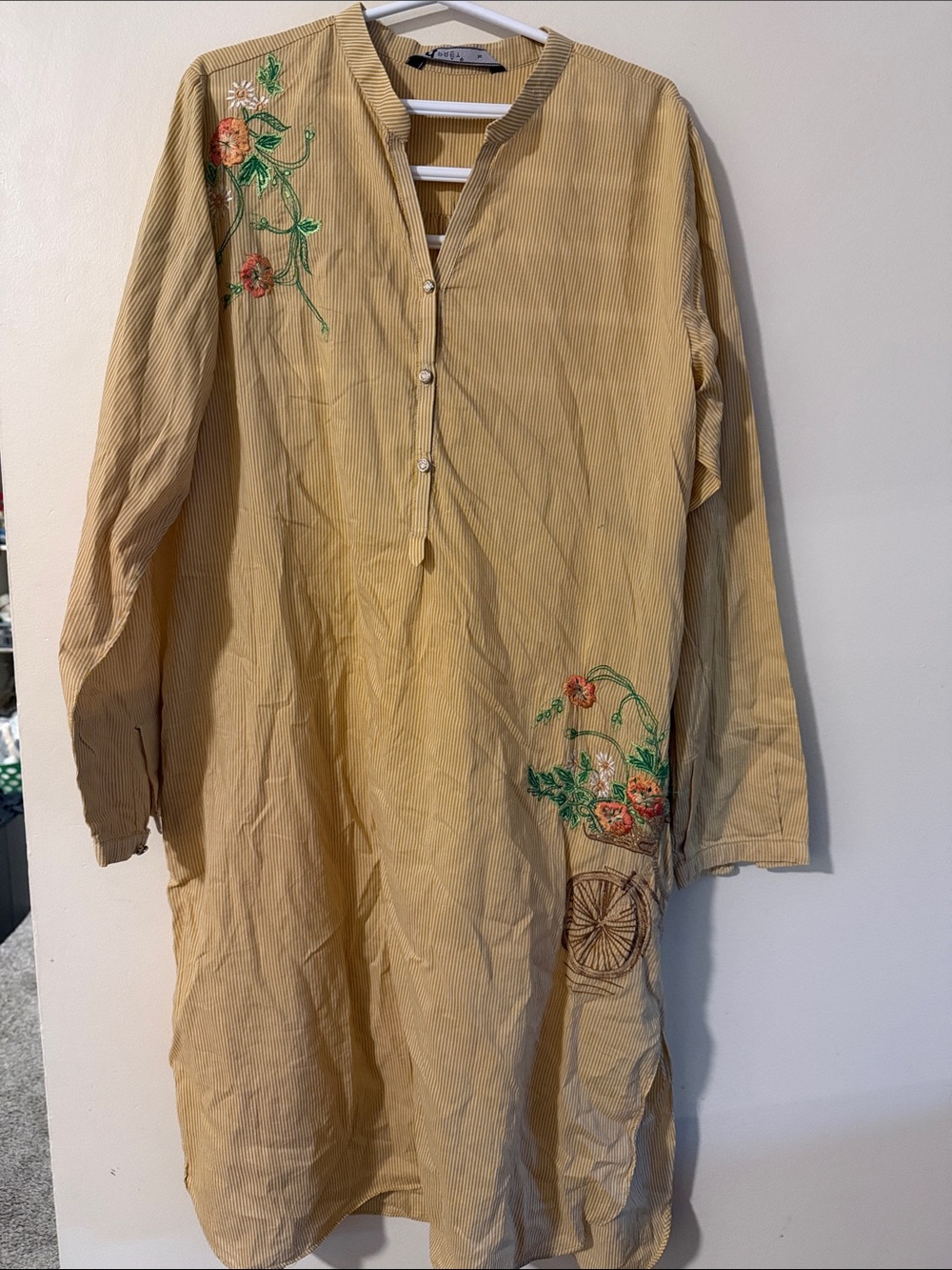 Embroidered Mustard Tunic Dress with Floral Detail